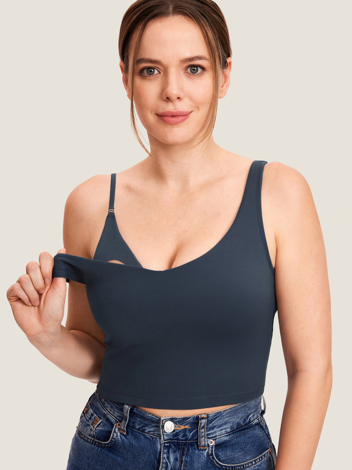 MOMANDA Women's Natrelax® Nursing Crop Tank Top - V Neck Twilight Blue @model_info:MOMRS2