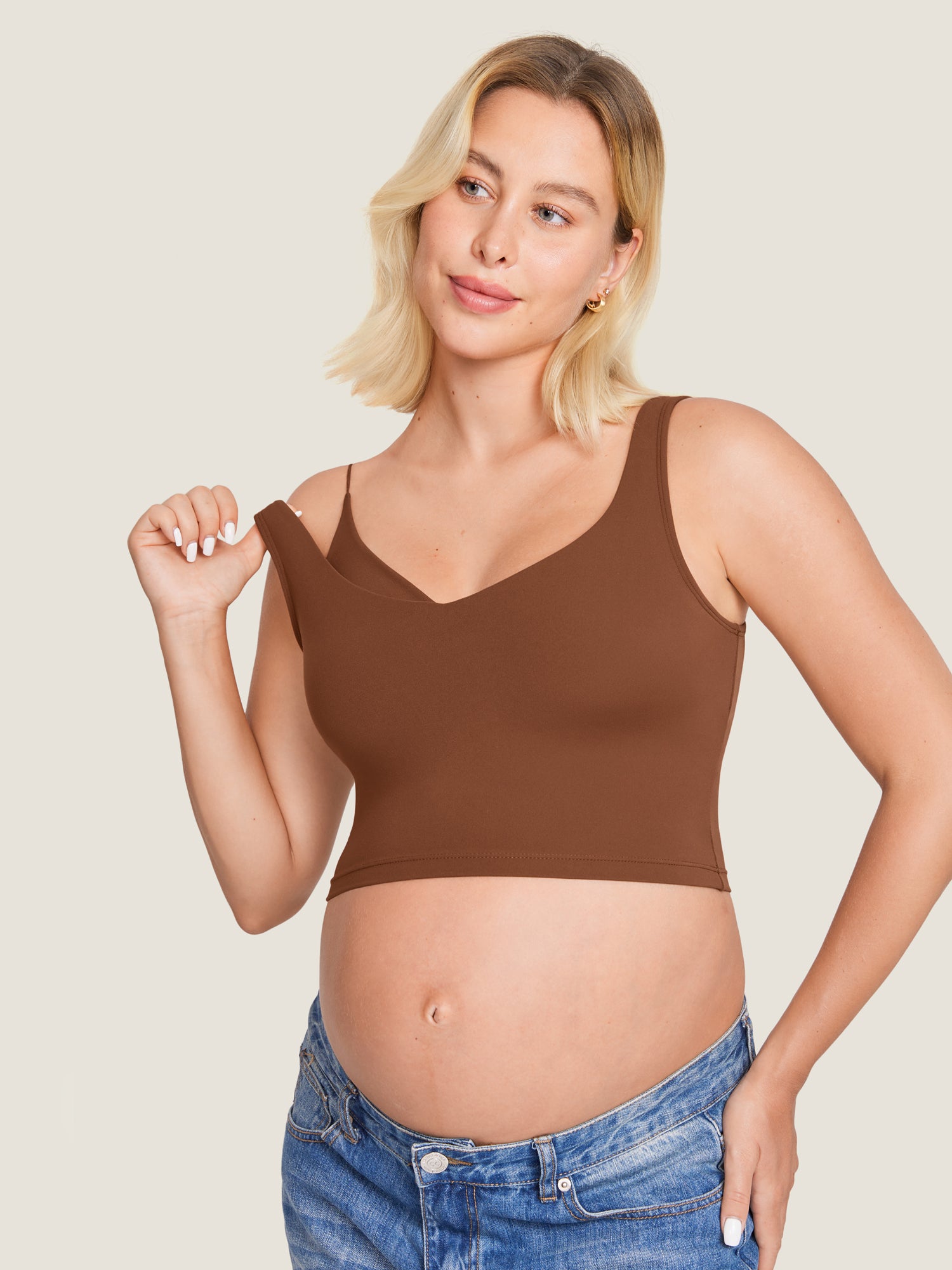 MOMANDA Women's Natrelax® Nursing Crop Tank Top - V Neck Croissant Brown