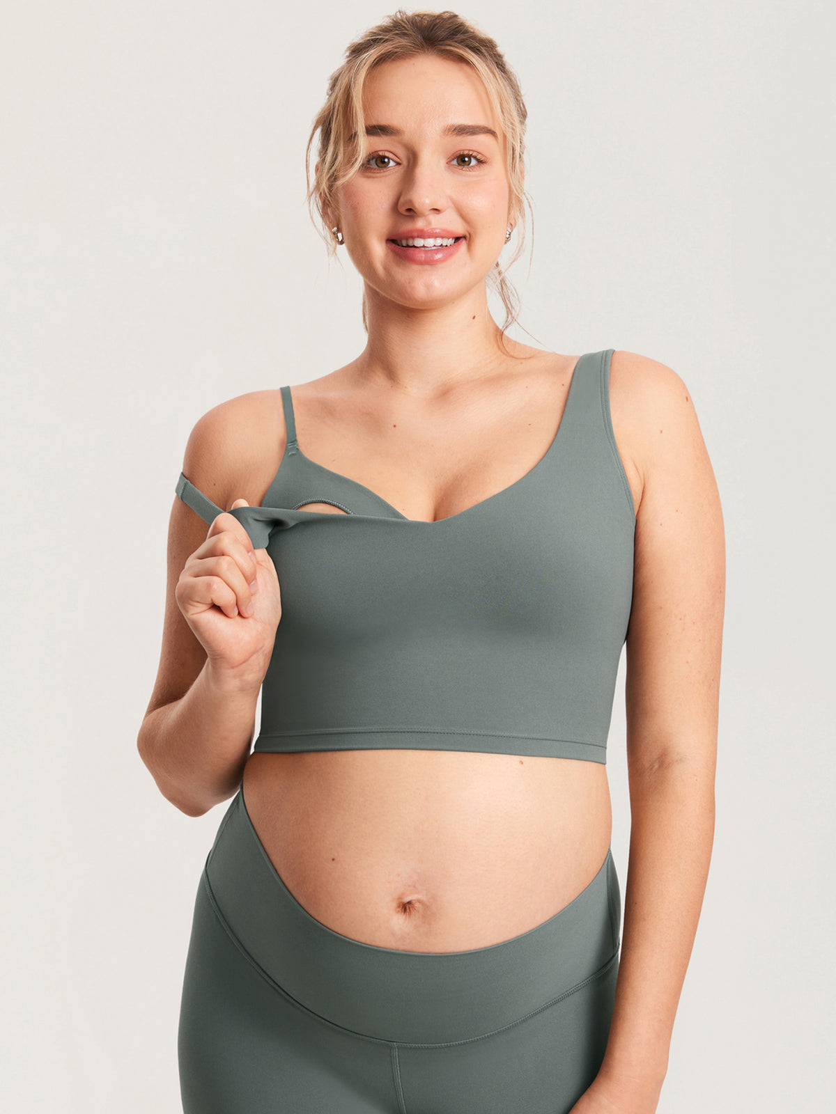 MOMANDA Women's Natrelax® Nursing Crop Tank Top - V Neck Grey Sage @model_info:MOMRS2