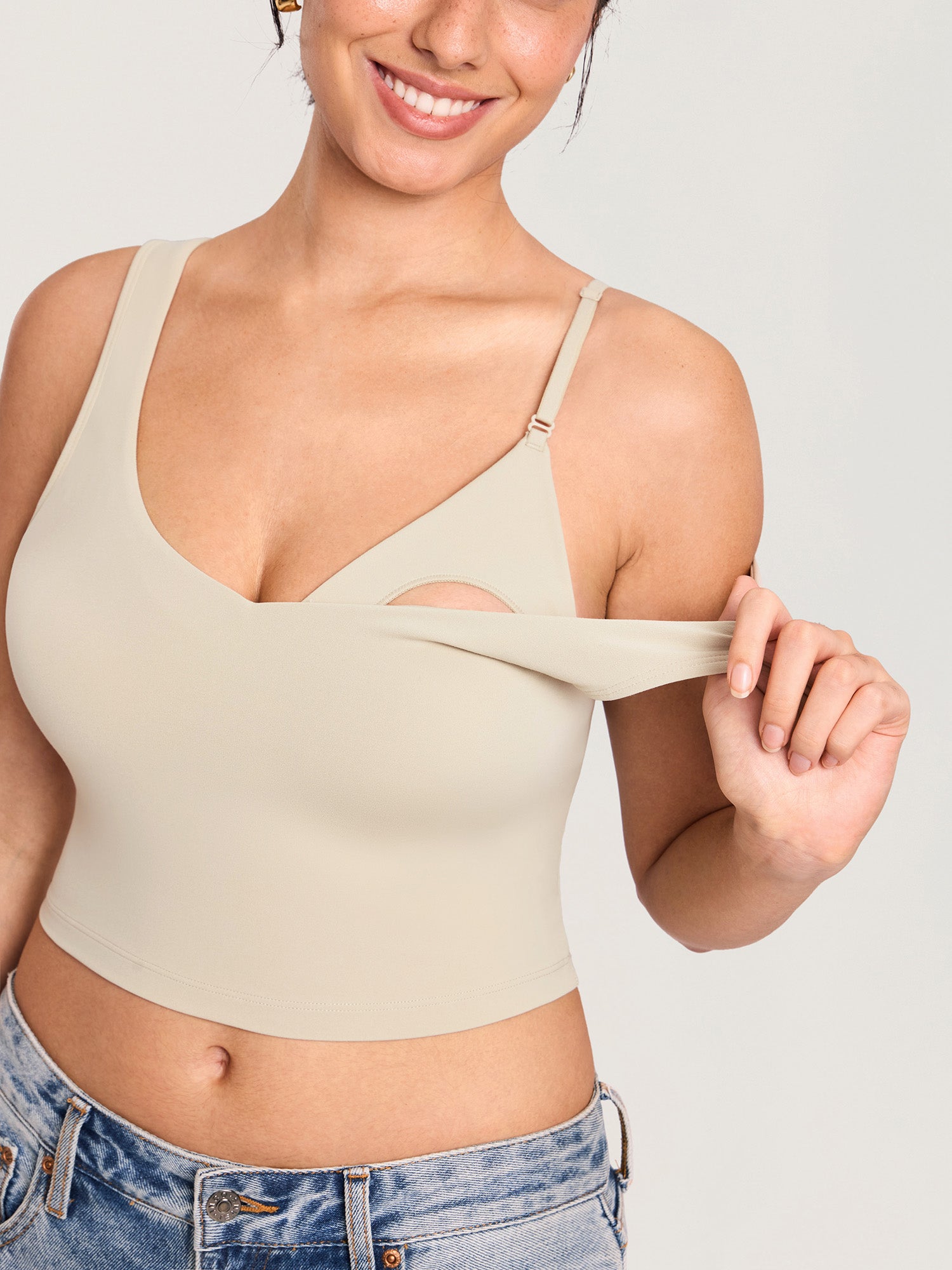 MOMANDA Women's Natrelax® Nursing Crop Tank Top - V Neck Mojave Tan