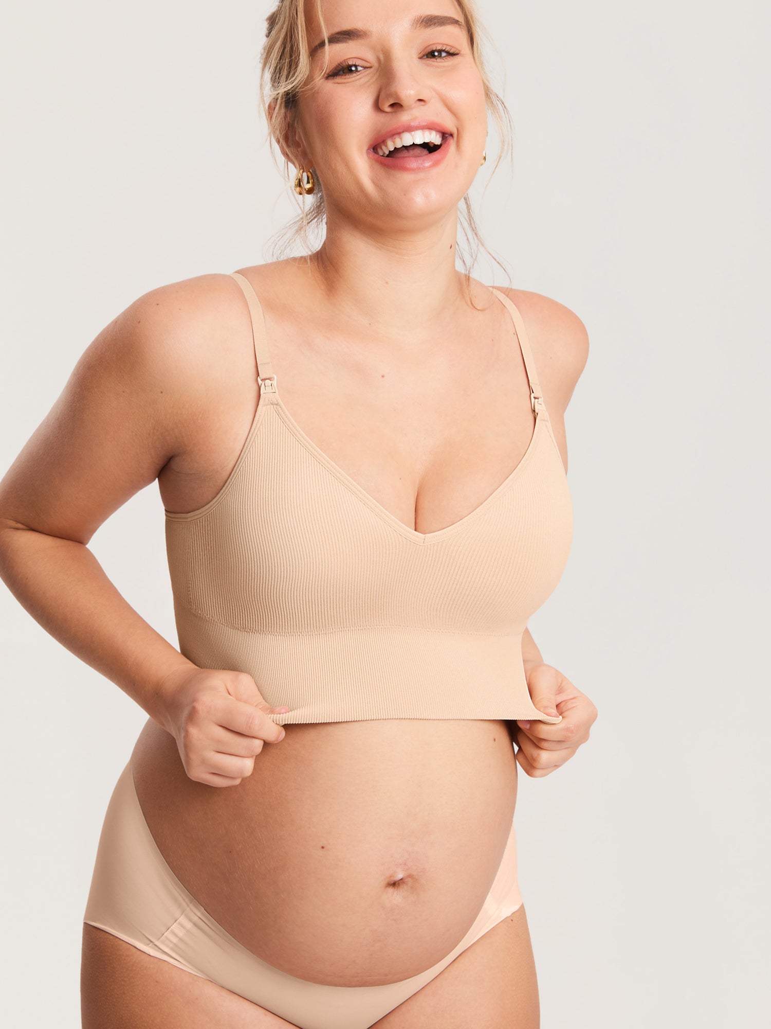 MOMANDA Women's Ribbed V Neck Nursing Bralette Beige
