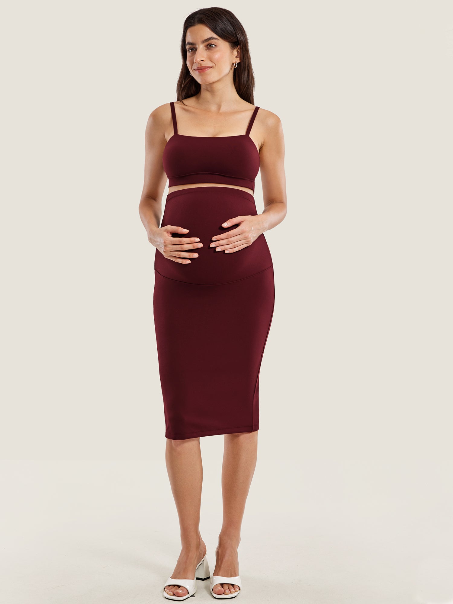 Natrelax™ Maternity High Waisted Midi Skirts Red Merlot