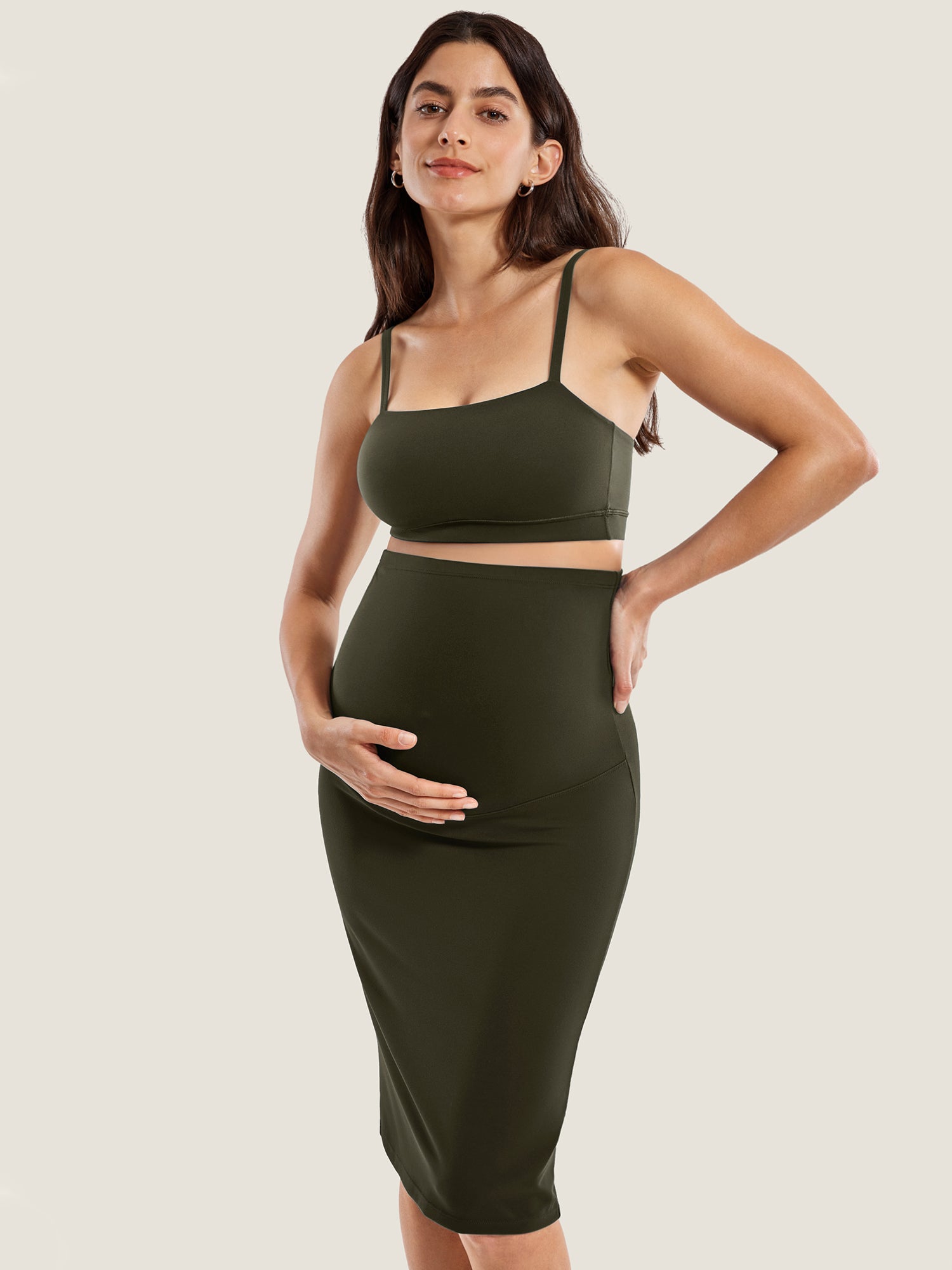 Natrelax™ Maternity High Waisted Midi Skirts Olive Green