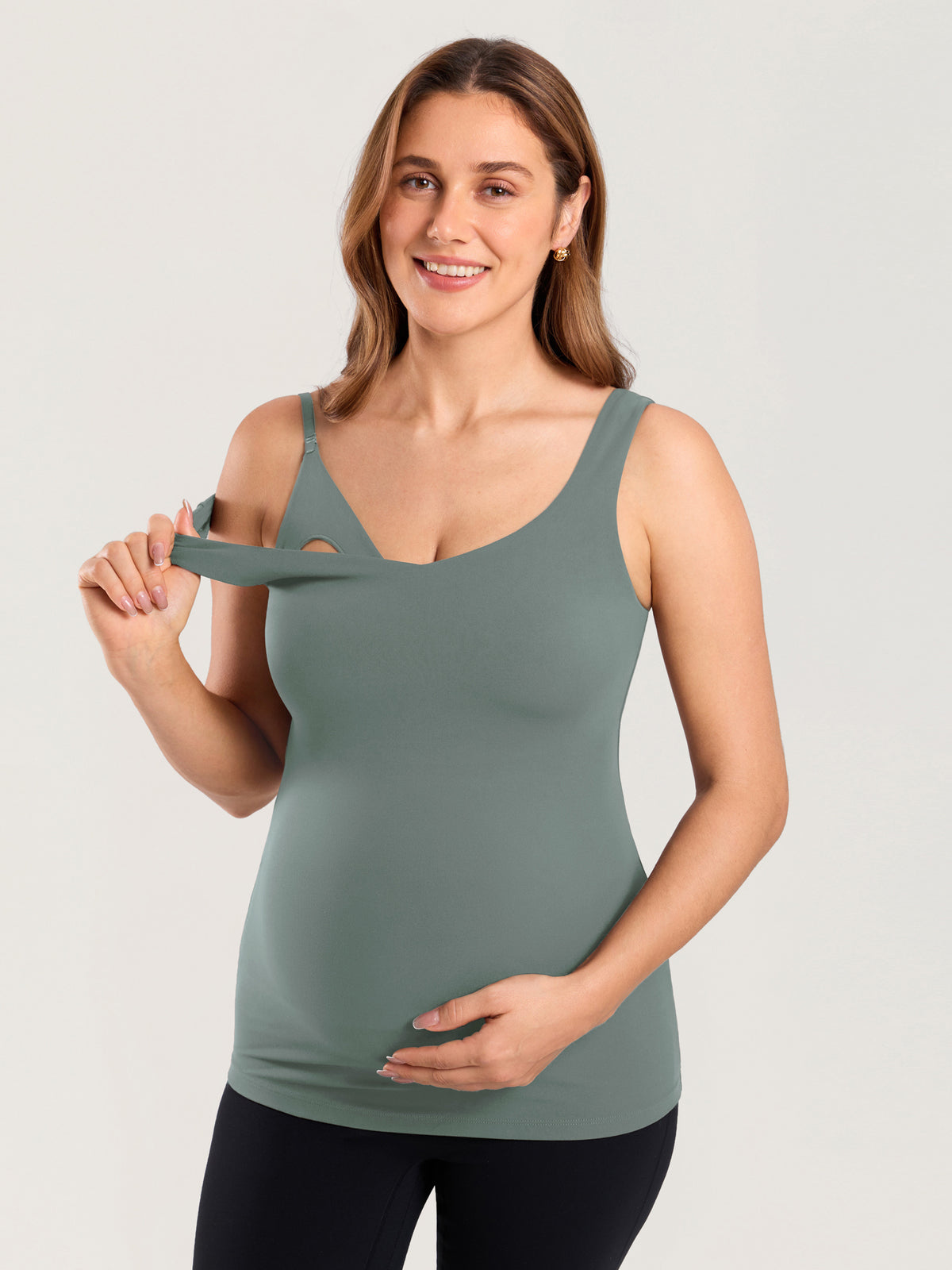 MOMANDA Naterlax® V Neck Nursing Tank Top Grey Sage @model_info:MOM1