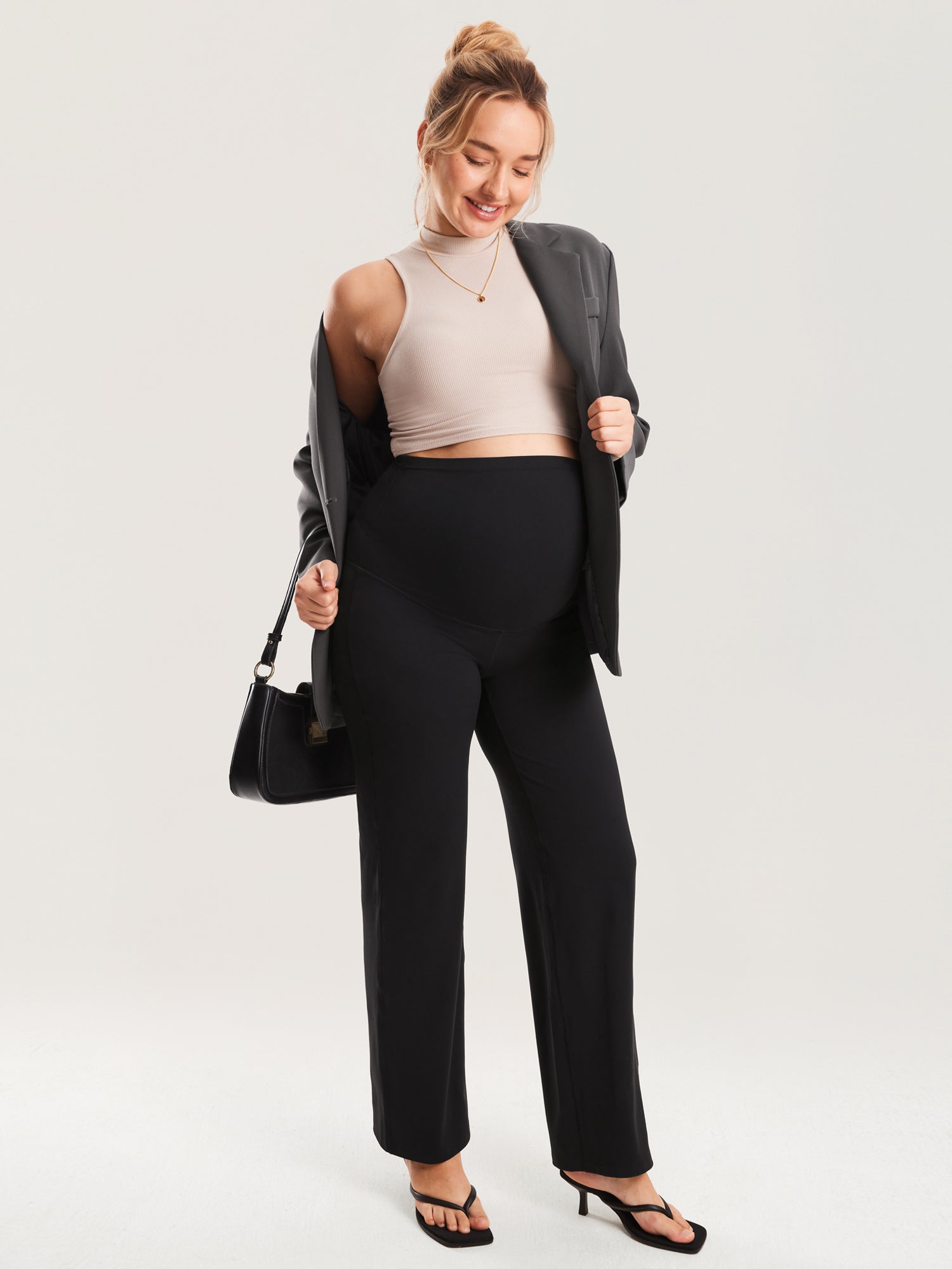 MOMANDA Women's Maternity Wide Leg Pants 31" - Super High Waisted Black