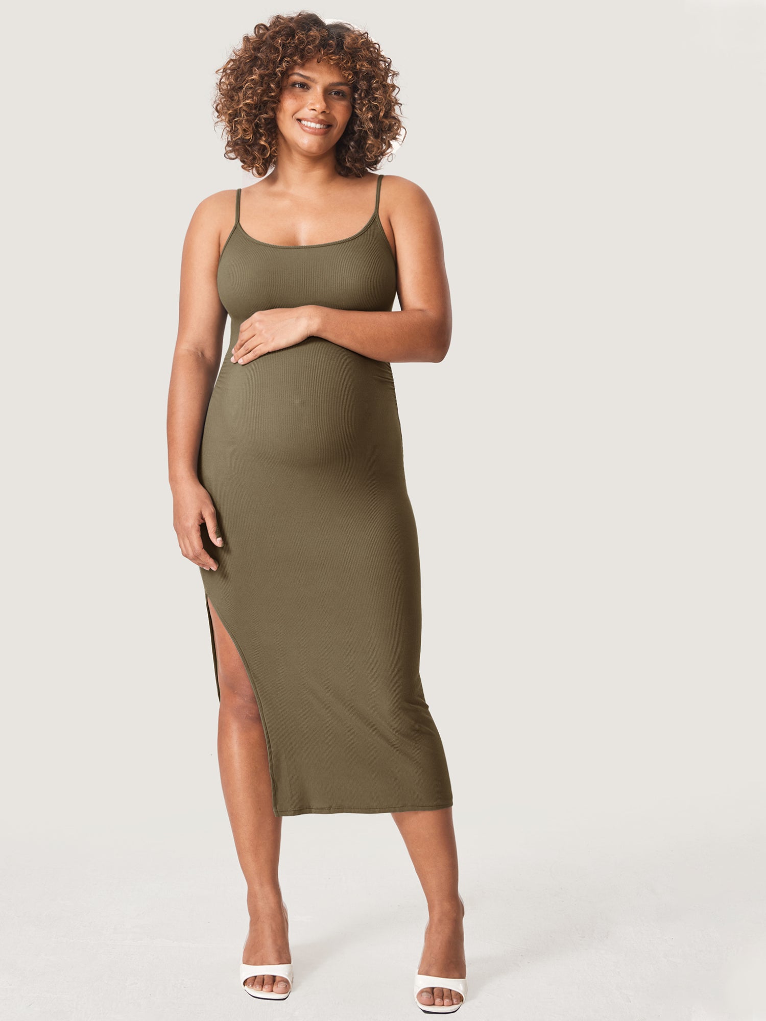 Square Neck Ribbed Maternity Dress Desert Olive