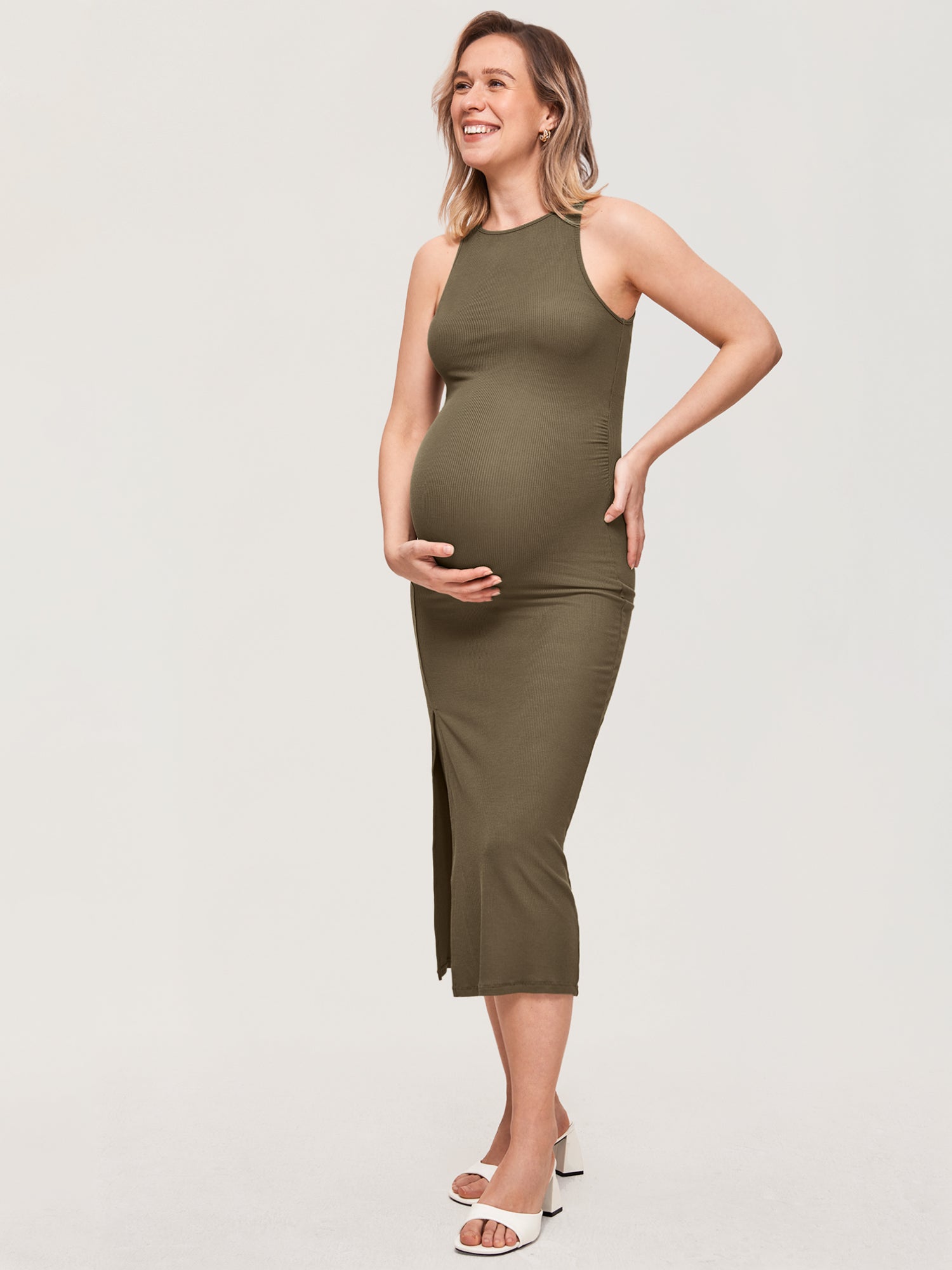 Halter Neck Ribbed Maternity Dress Desert Olive