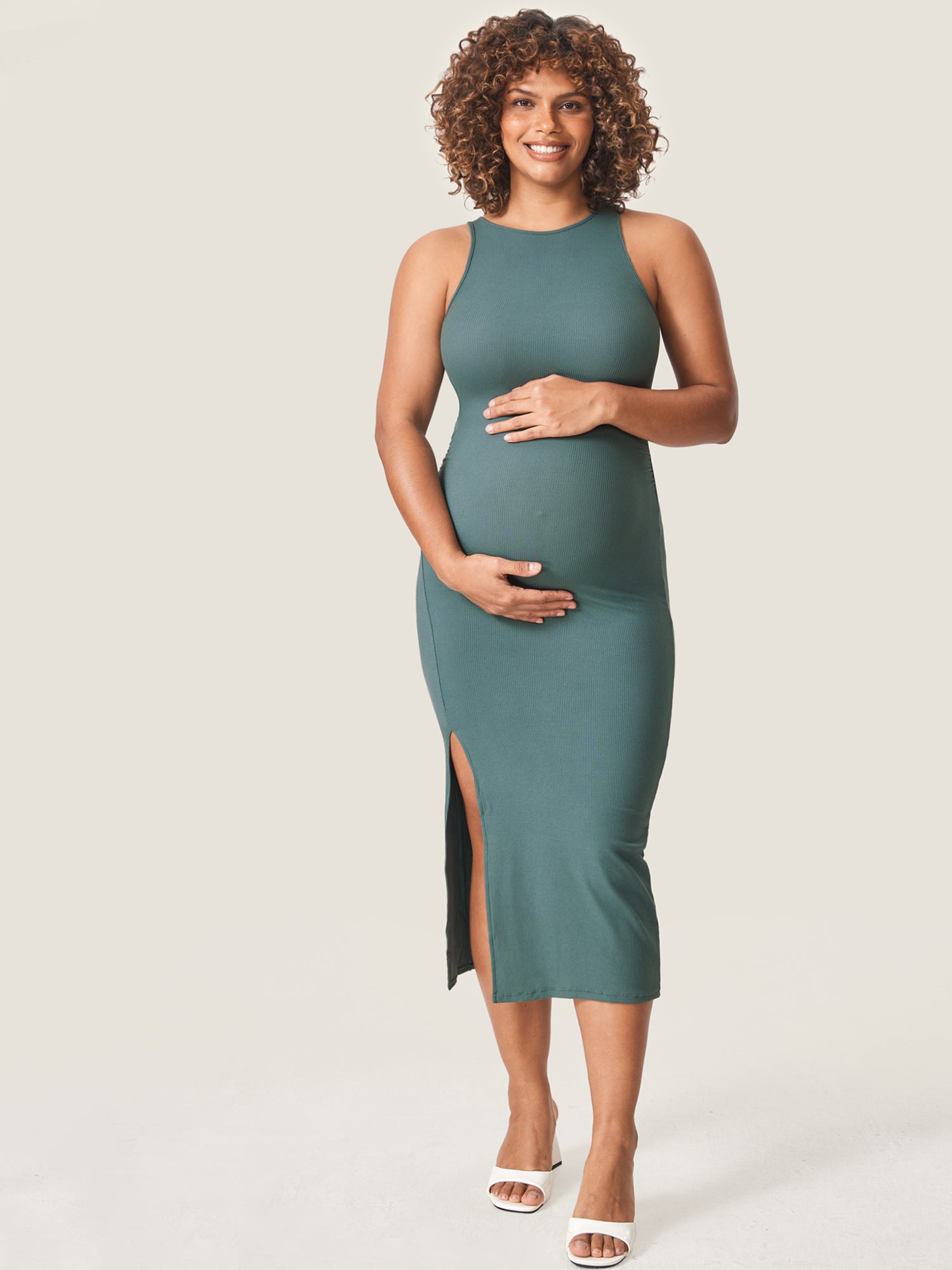 Halter Neck Ribbed Maternity Dress Midnight Emerald