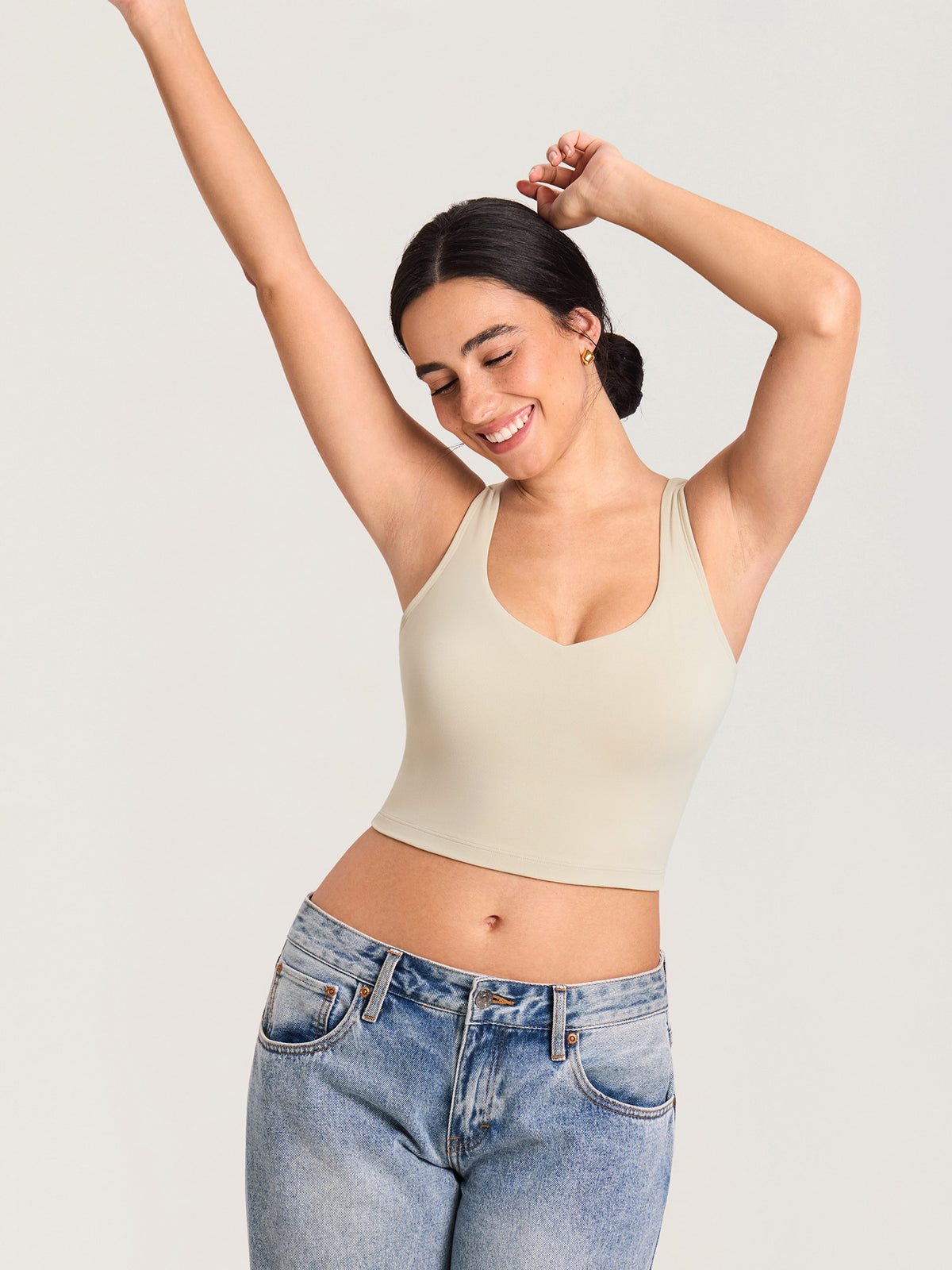 MOMANDA Women's Natrelax® Nursing Crop Tank Top - V Neck Mojave Tan @model_info:MOMRB1