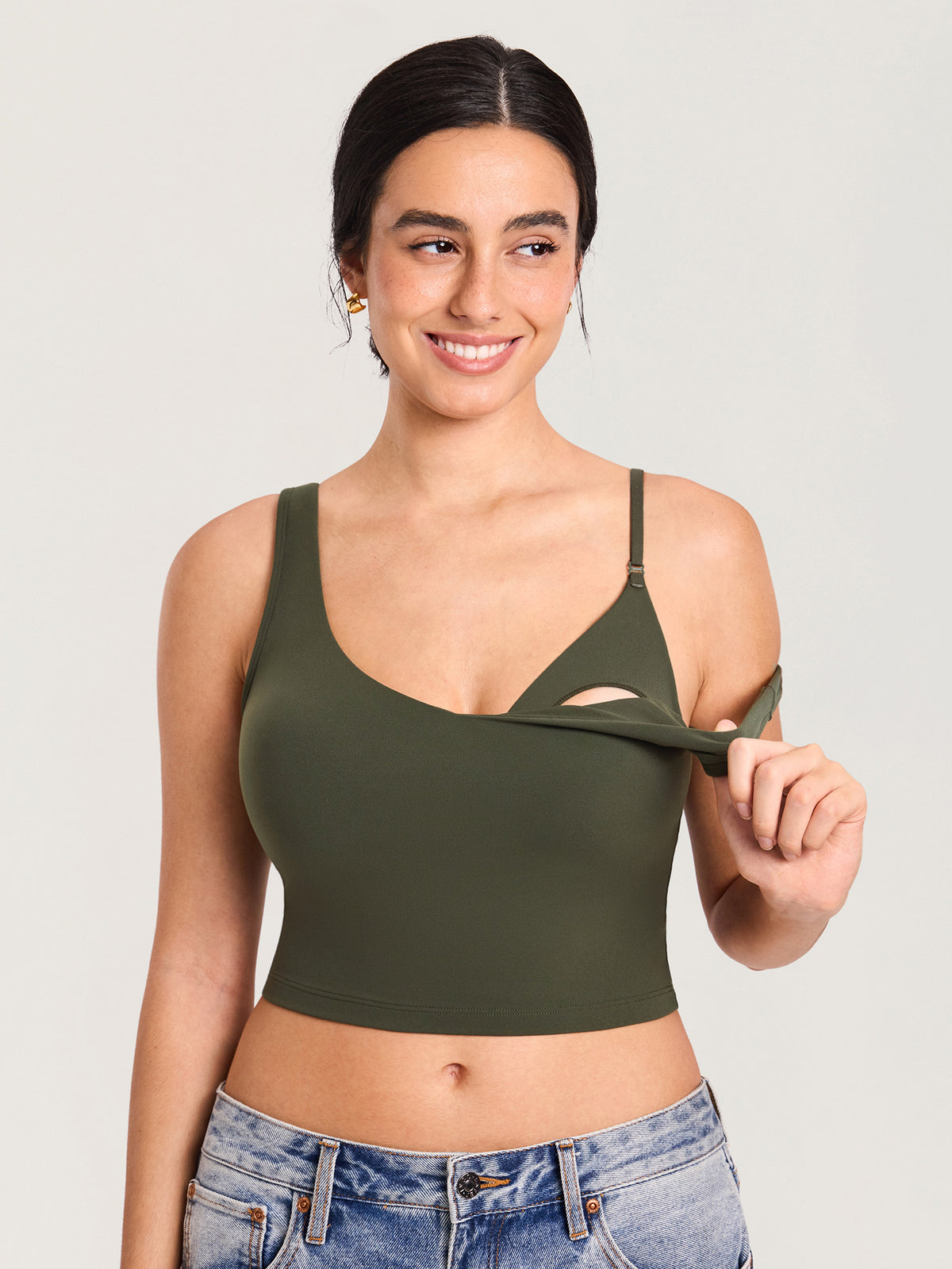 MOMANDA Women's Natrelax® Nursing Crop Tank Top - V Neck Olive Green @model_info:MOMRB1