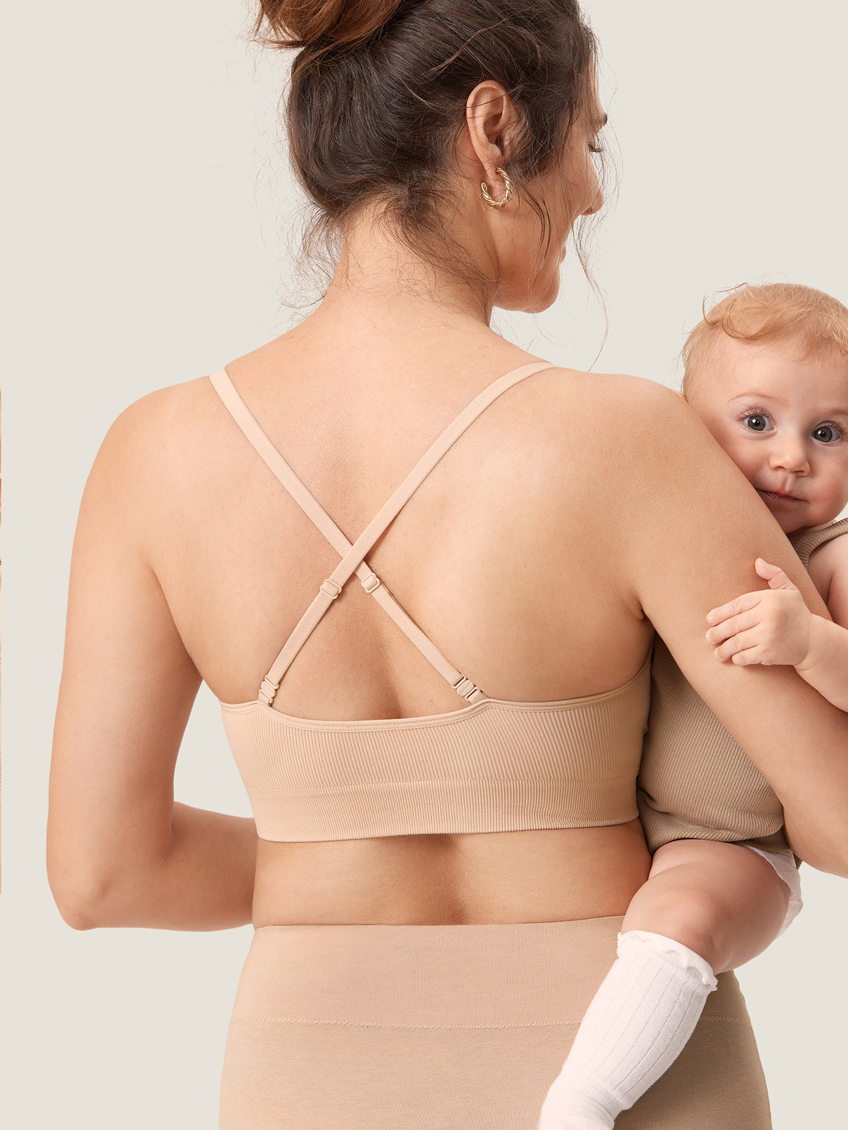 MOMANDA Women's Ribbed Scoop Nursing Bralette Beige @model_info:Nursing