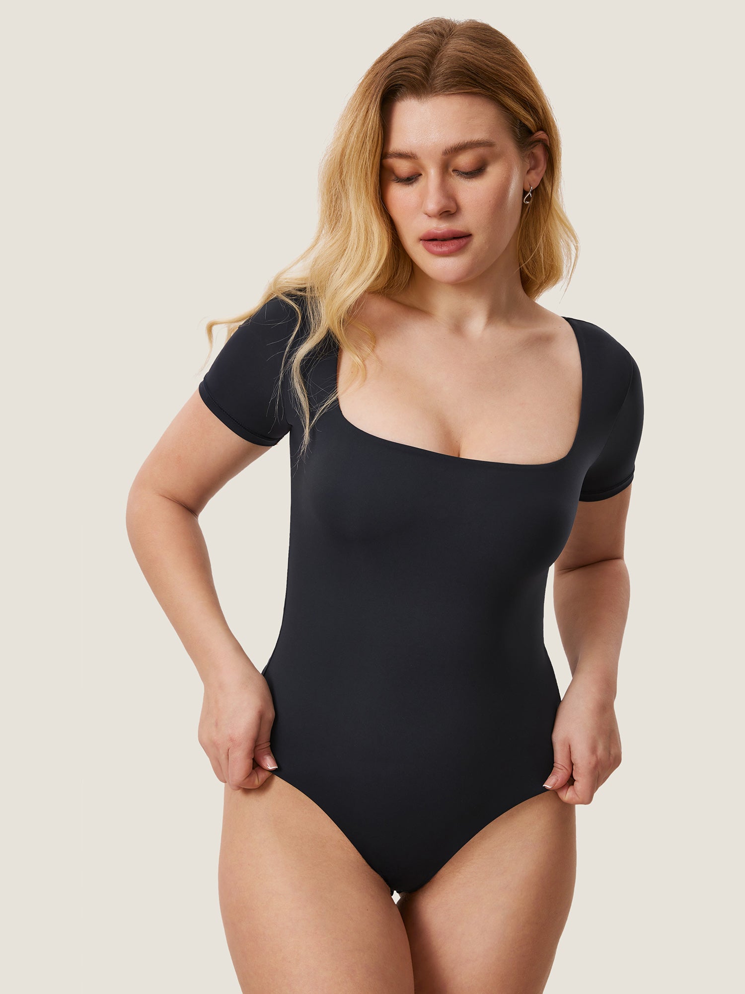 Inbarely® Square Neck Short Sleeve Bodysuit Black