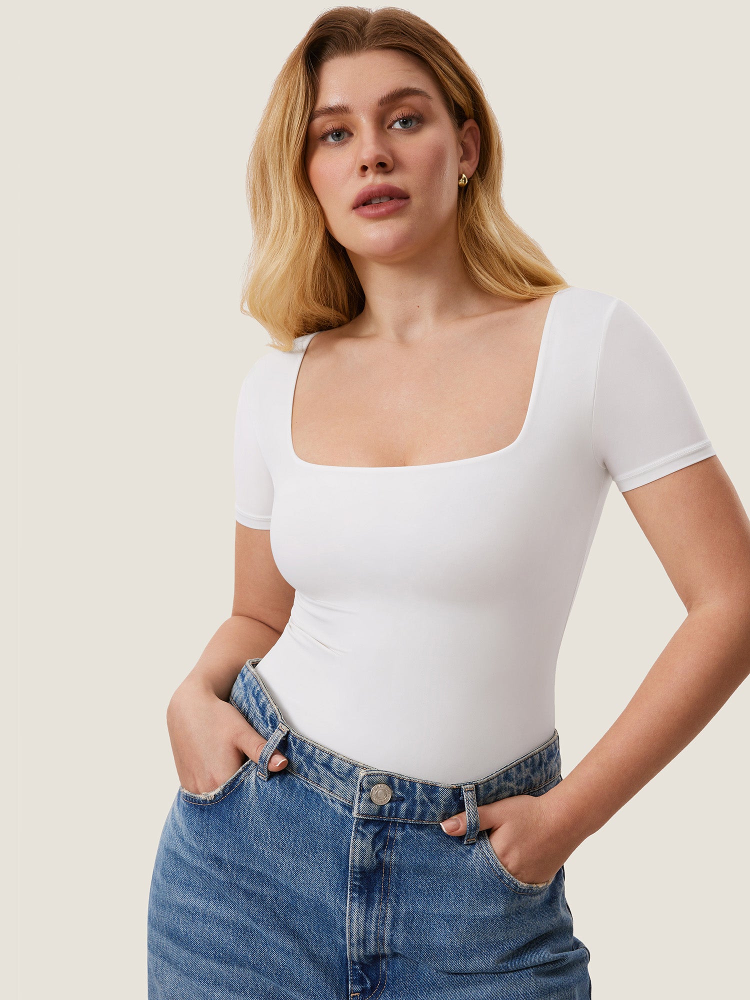 Inbarely® Square Neck Short Sleeve Bodysuit White