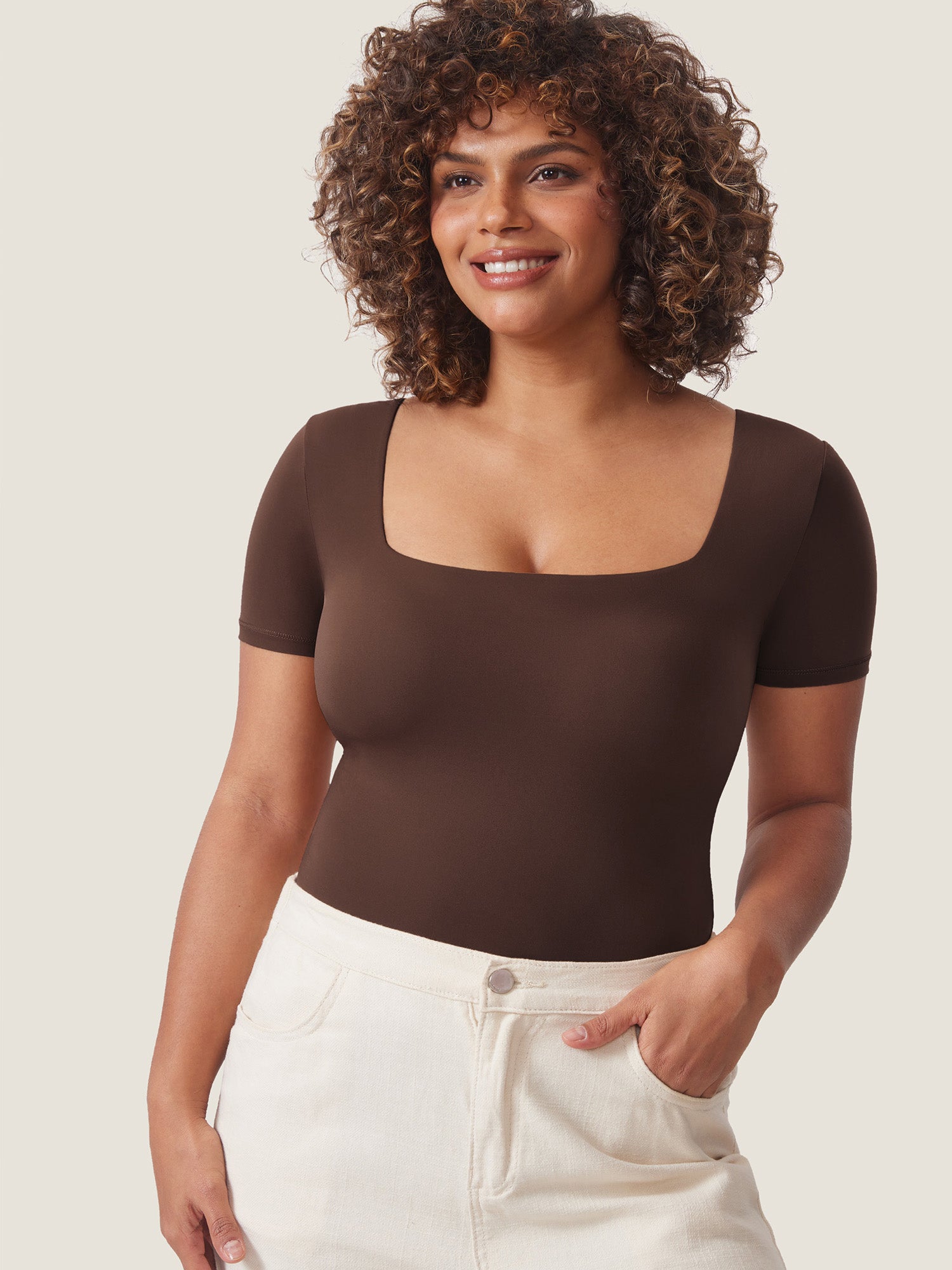 Inbarely® Square Neck Short Sleeve Bodysuit Hazelnut