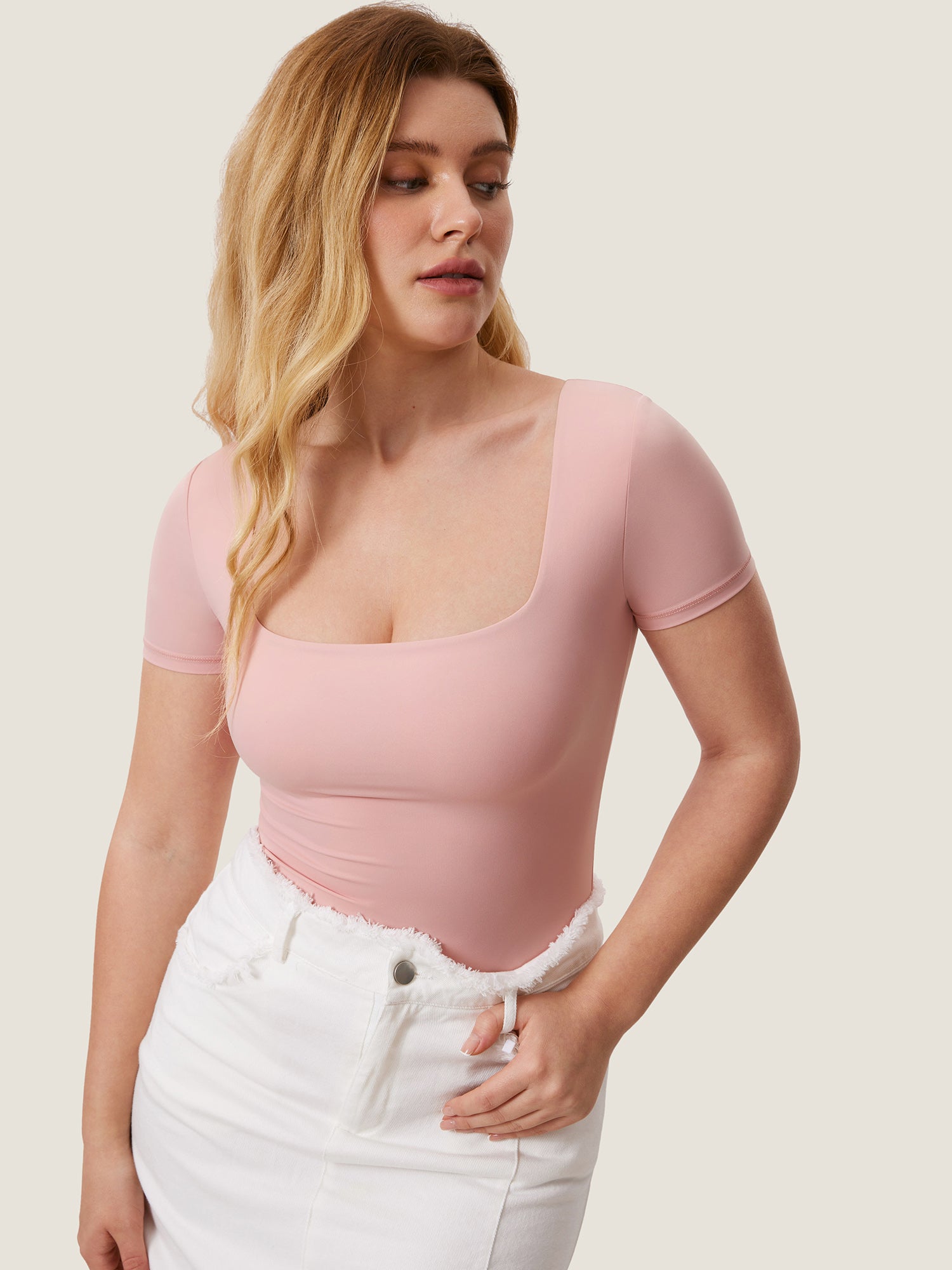 Inbarely® Square Neck Short Sleeve Bodysuit Rose Tan