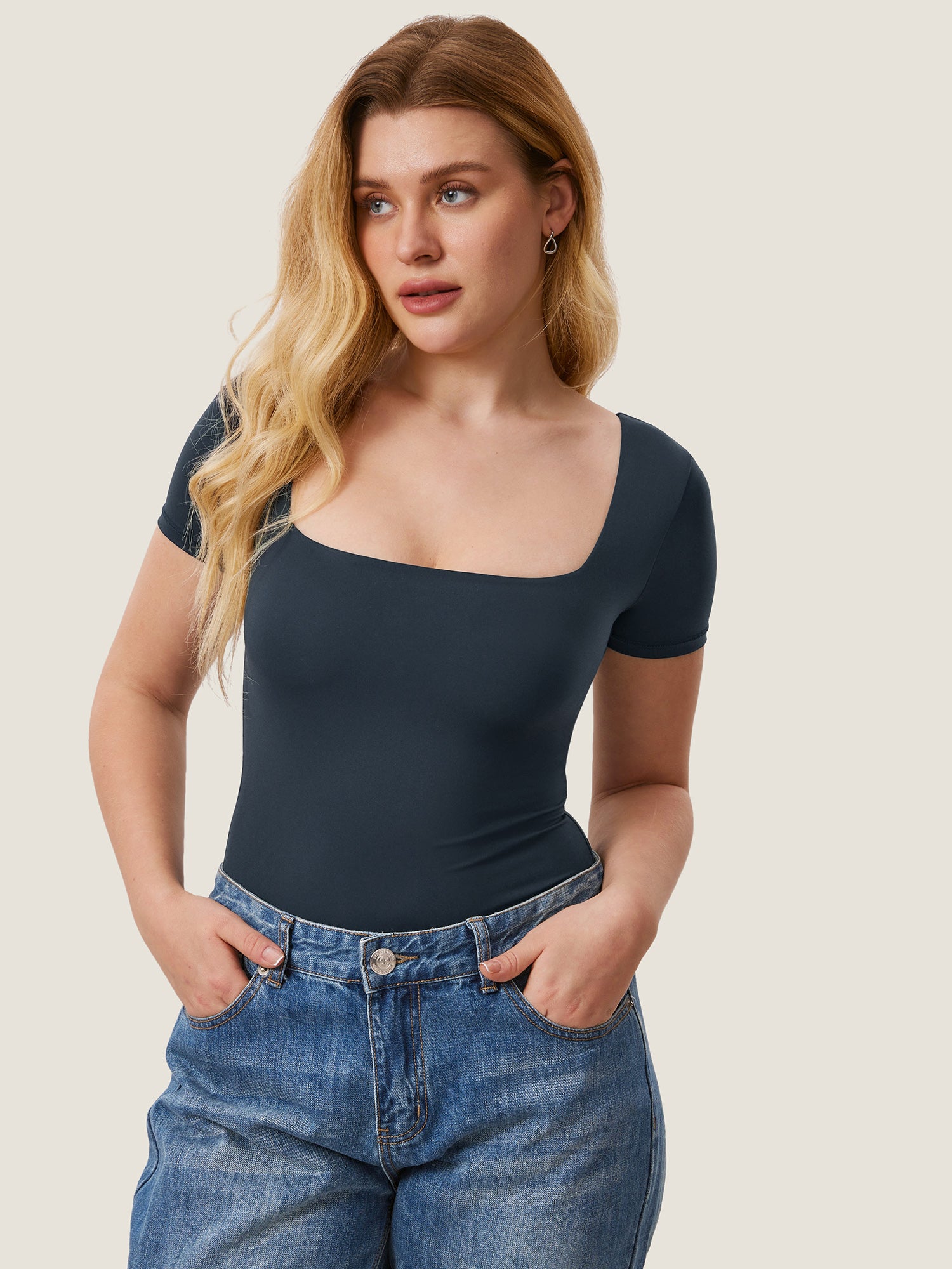 Inbarely® Square Neck Short Sleeve Bodysuit True Navy