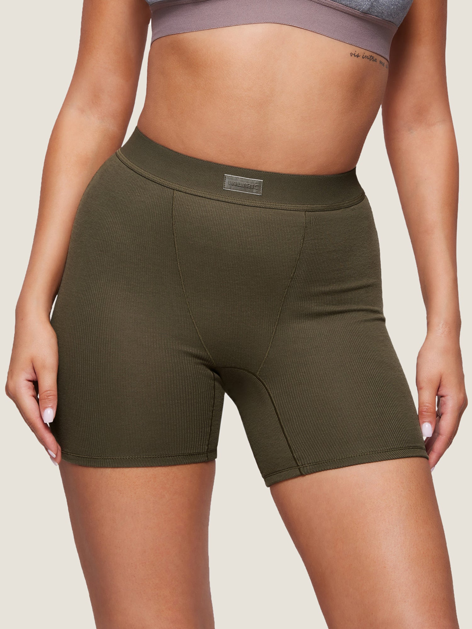 Cotton Rib High Waisted Boxer Shorts Desert Olive