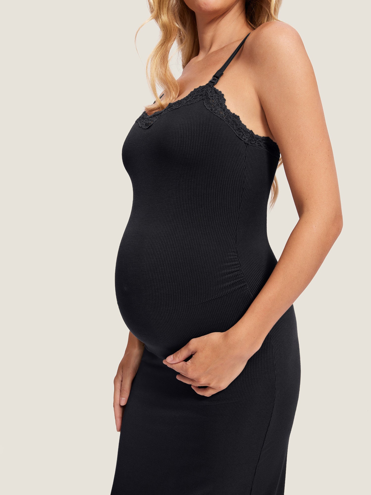 Lacy Ribbed Maternity & Nursing Dress Black