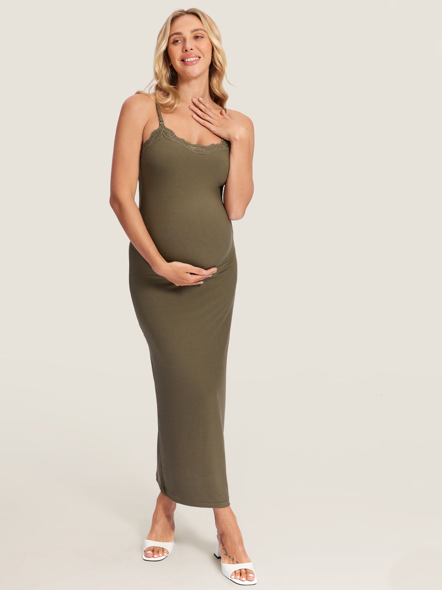 Lacy Ribbed Maternity & Nursing Dress Desert Olive