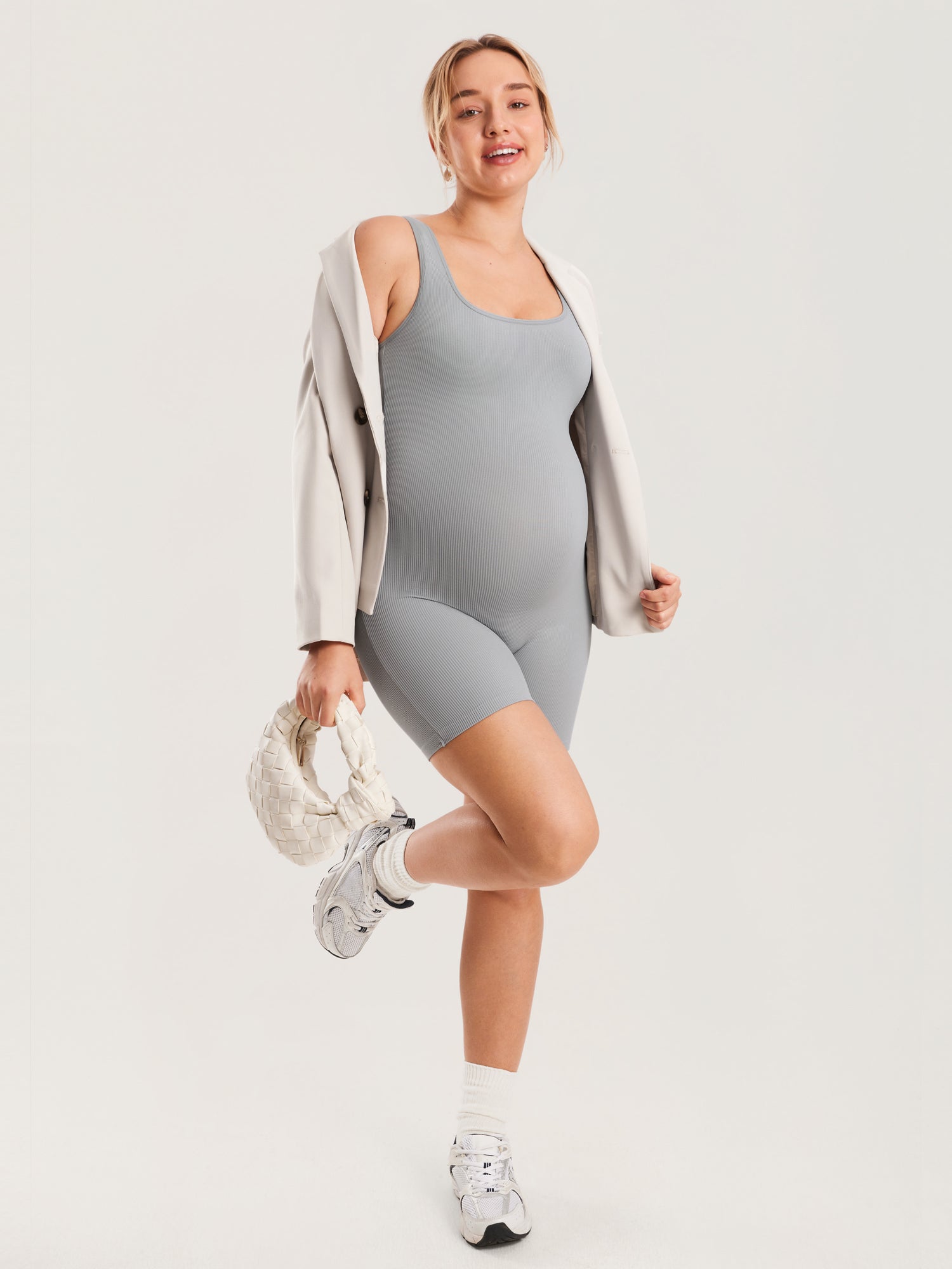 MOMANDA Ribbed Square Neck Maternity Romper Black
