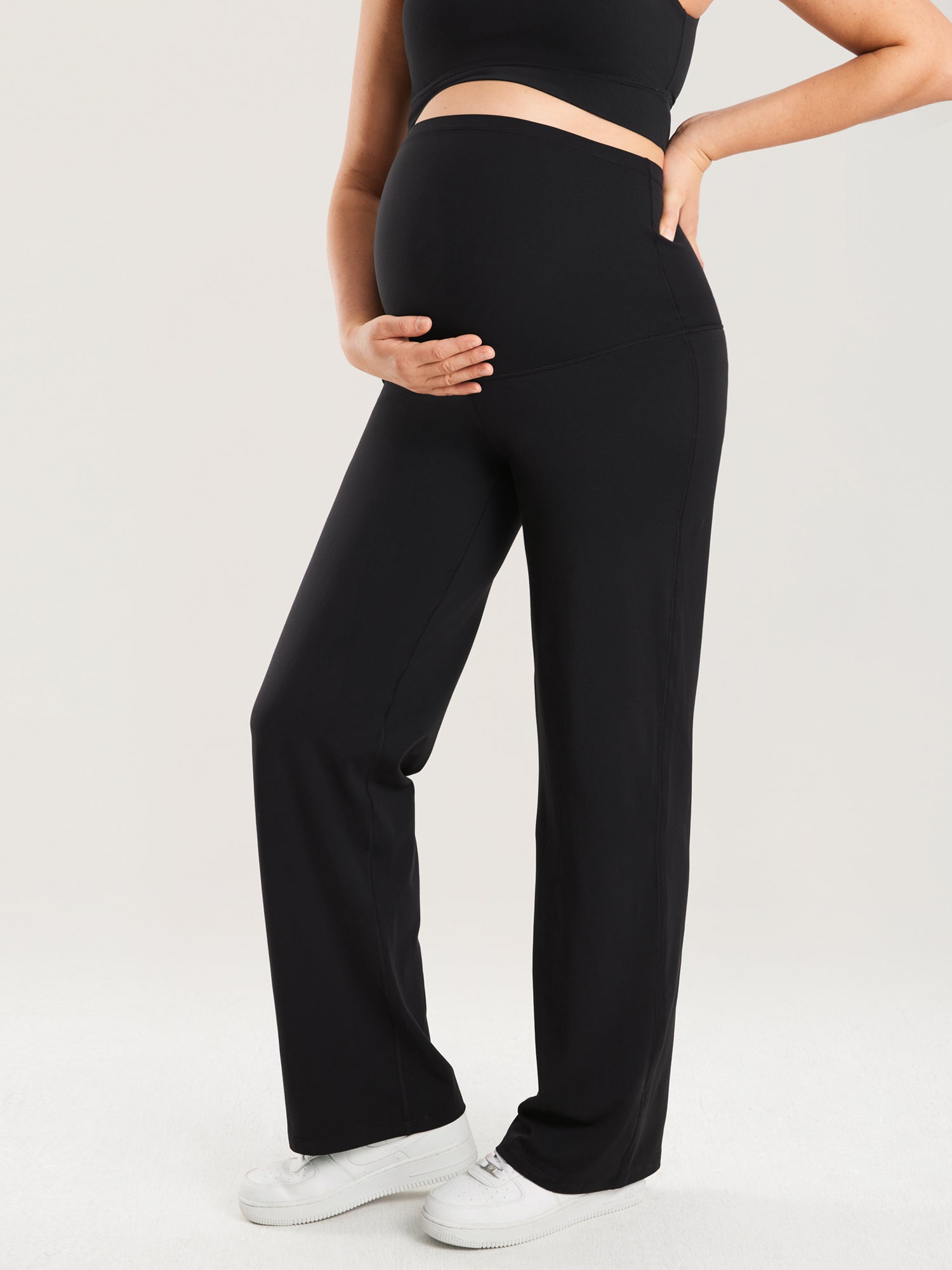 MOMANDA Women's Maternity Wide Leg Pants 31" - Super High Waisted Black
