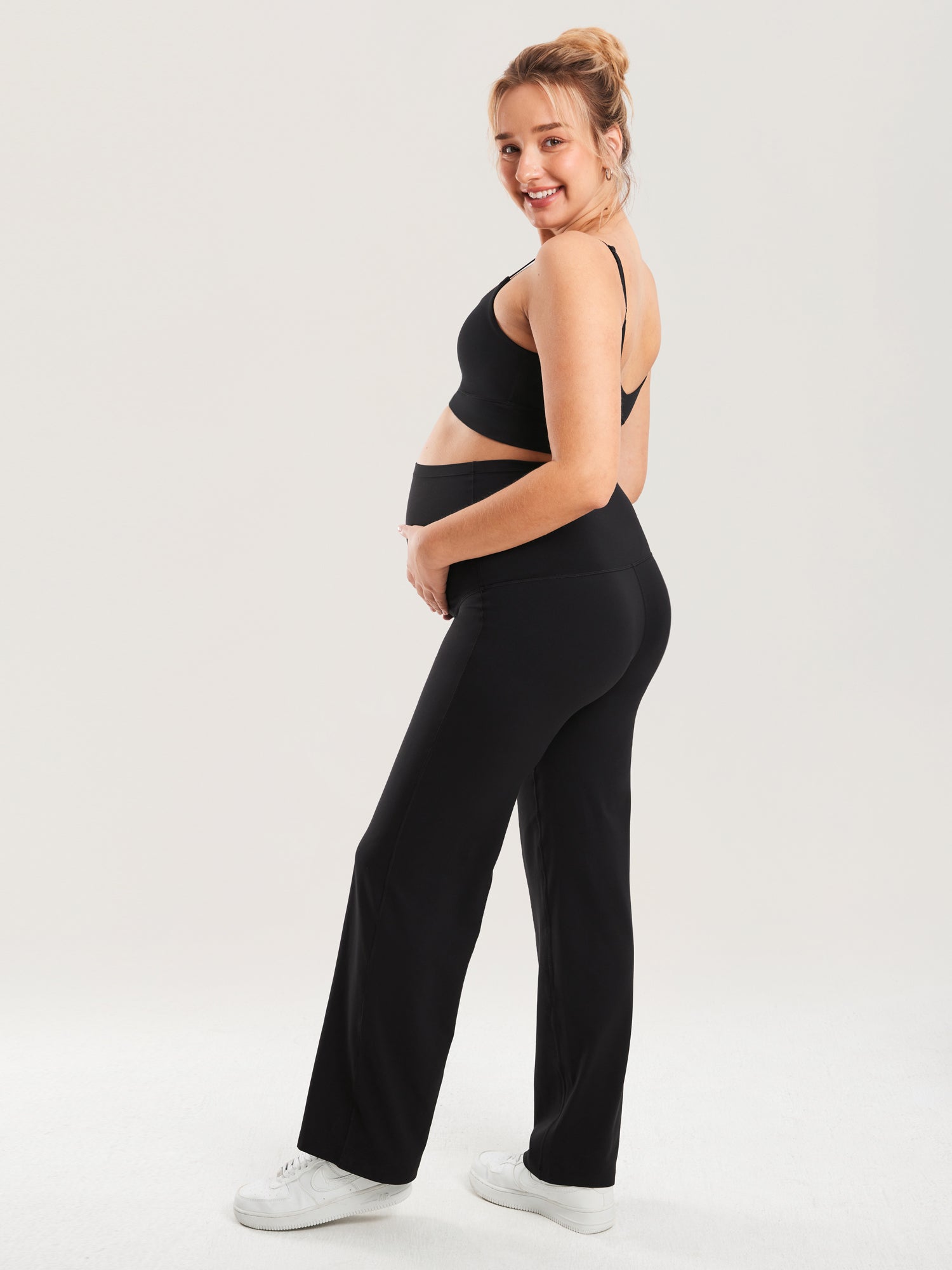 MOMANDA Women's Maternity Wide Leg Pants 31" - Super High Waisted Black