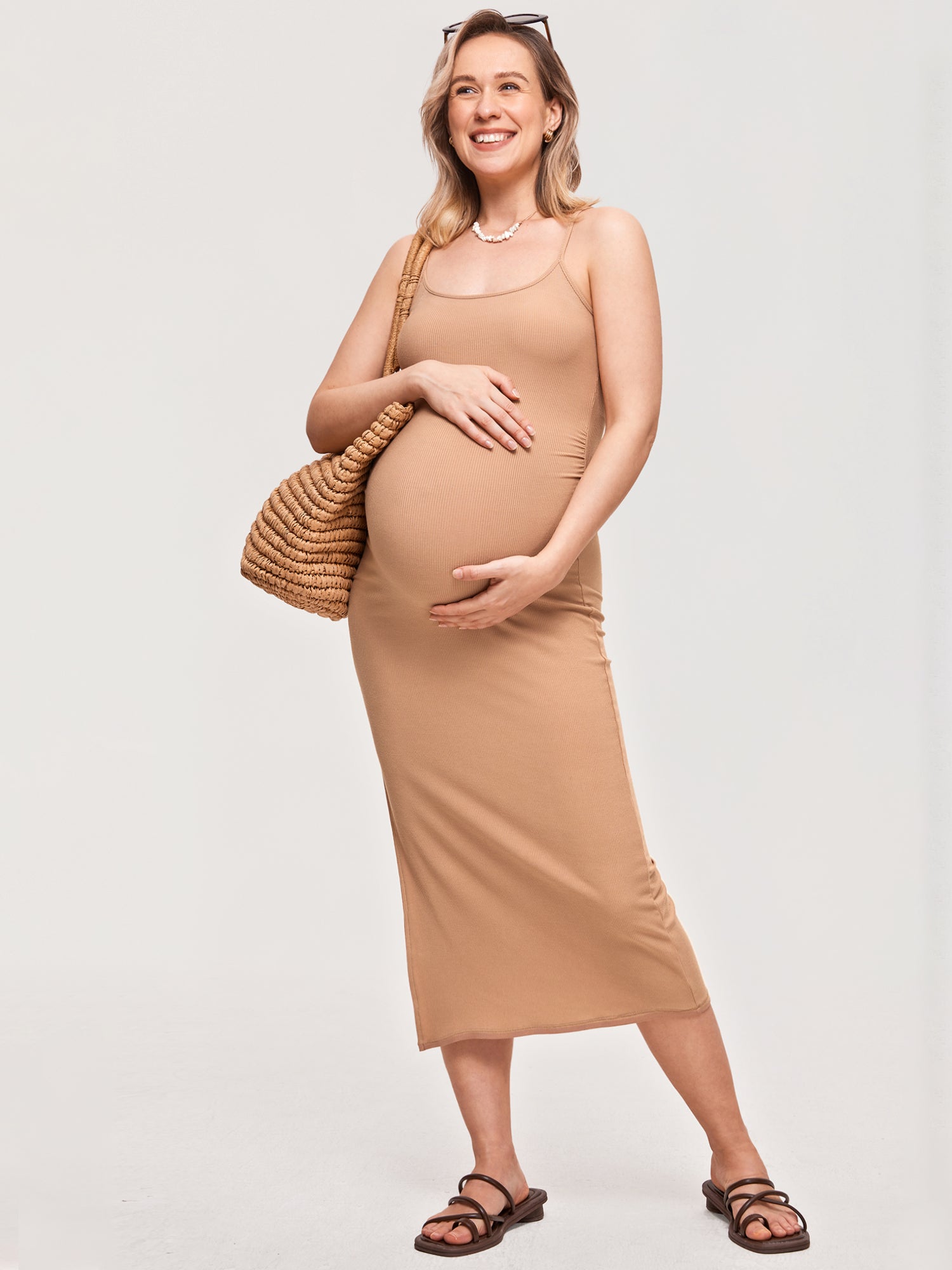 Square Neck Ribbed Maternity Dress New Wheat