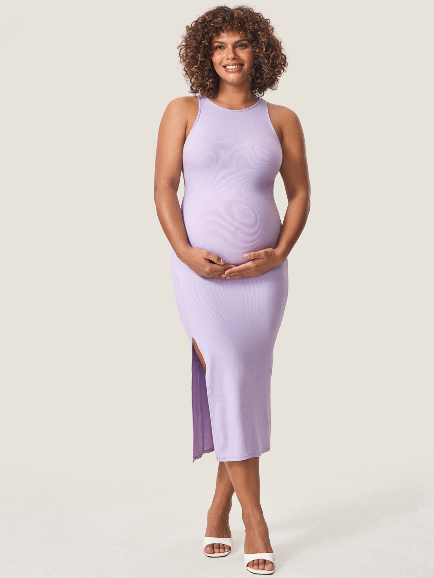Halter Neck Ribbed Maternity Dress Dreamy Purple